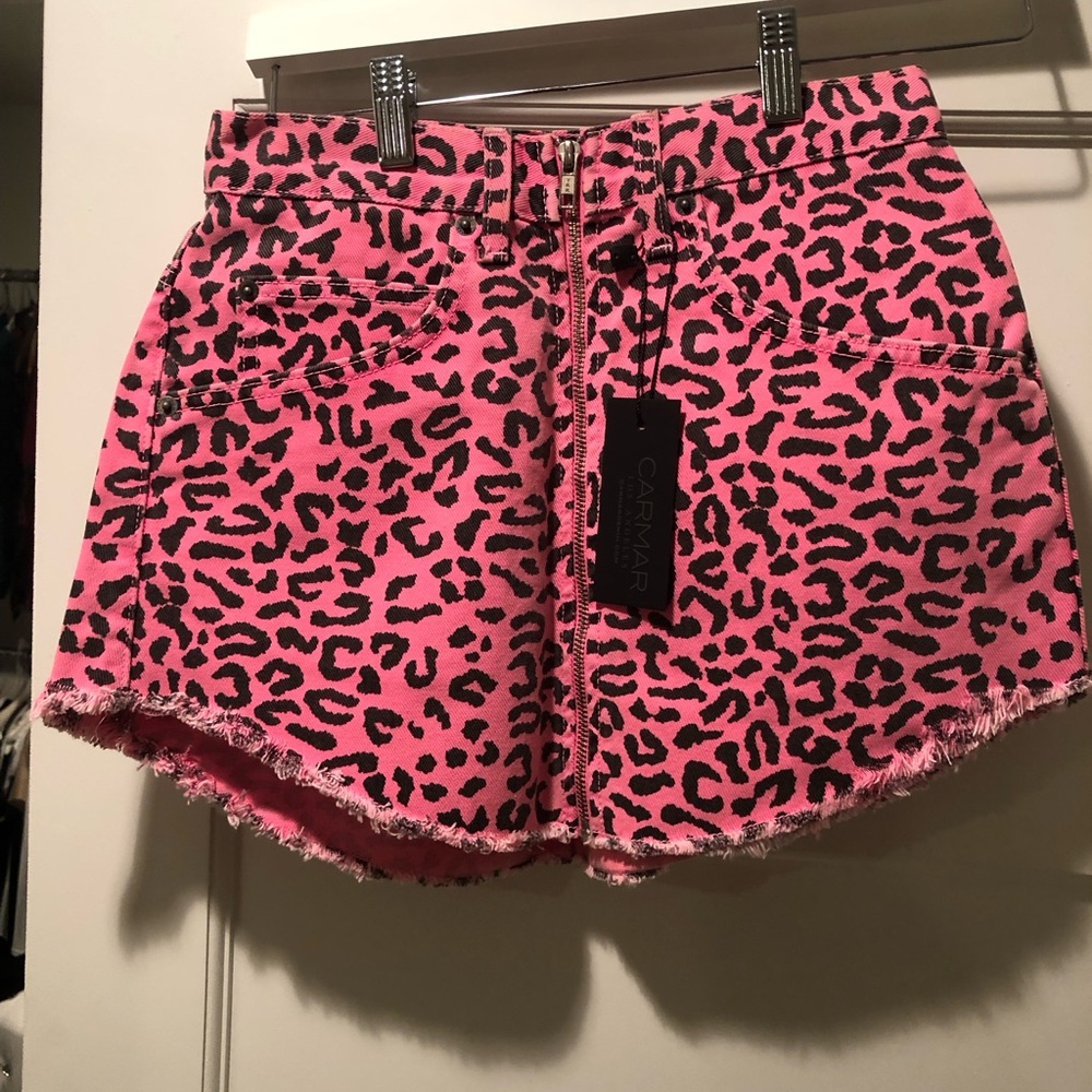 Carmar Hot Pink Leopard Zip-Front Denim Shorts